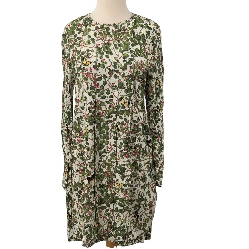 H&M Women's Long Sleeve Pleated Dress Cream/Green‎ Pink Floral Butterfly Size 6